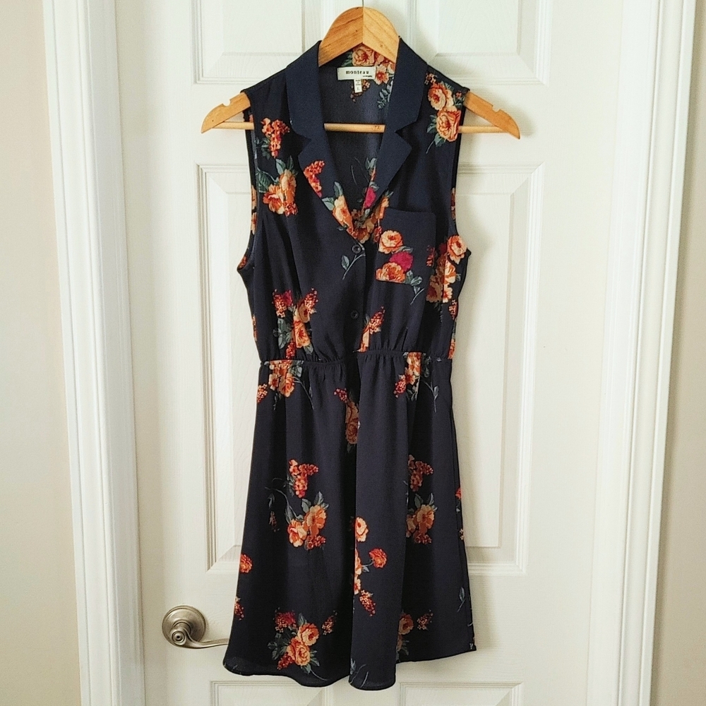 Monteau || Floral Dress with Cinched Waist and Collar, Large, Blue